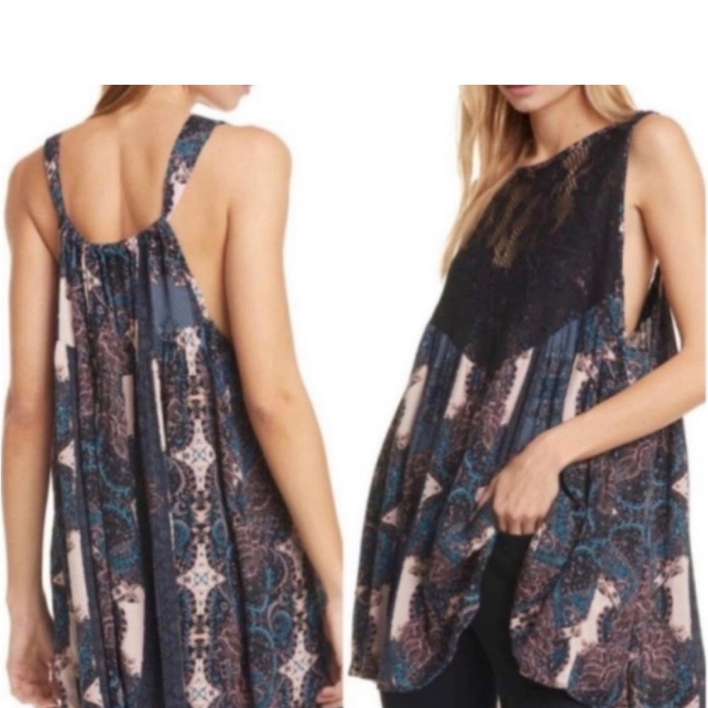 Free People Women’s Tunic Paisley Multi Color Black Top Size XS